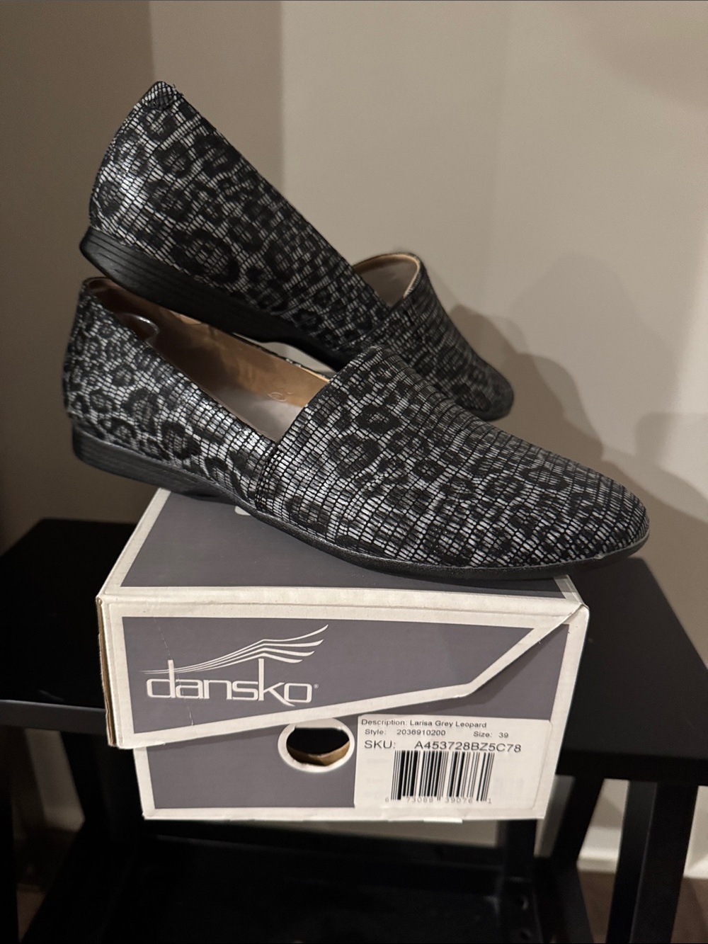 Dansko Grey and Black Leopard-Pattern Slip-On Loafers